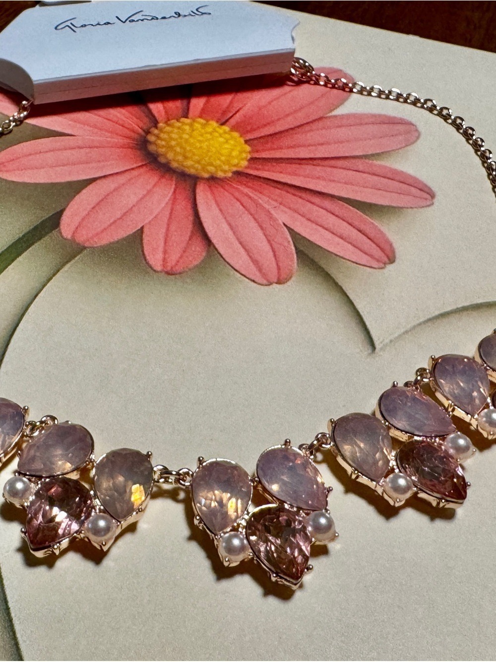 Gloria Vanderbilt Pink Crystal and Pearl Cluster Necklace